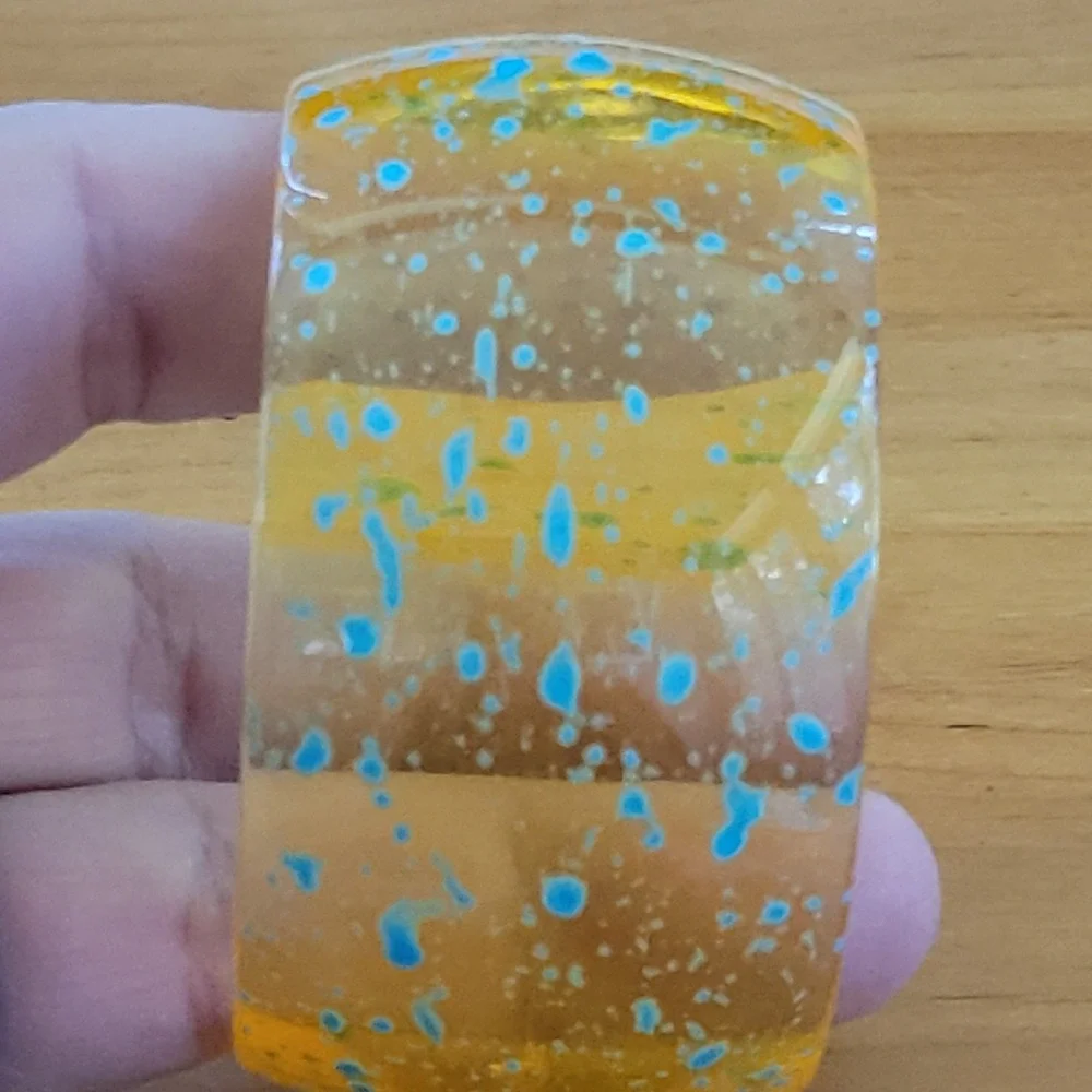 Chunky Amber Resin Bangle Bracelet Blue Splatter Wide Lucite Style 2.5 Inch
